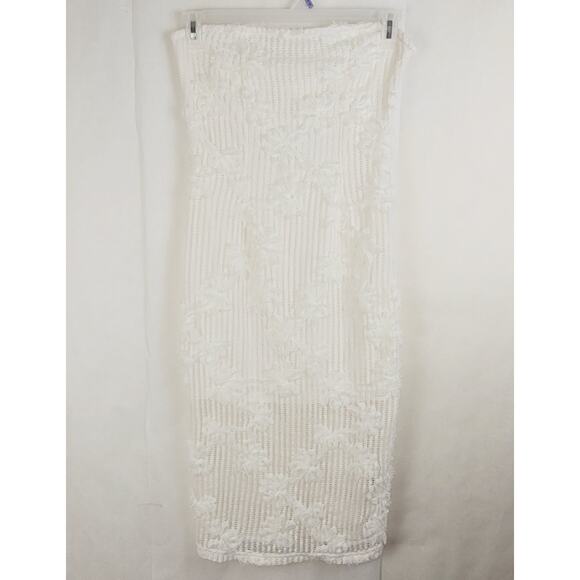 Ivory open knit 3D floral strapless midi dress Sz Large Romantic Boho Whimsical - Picture 1 of 10